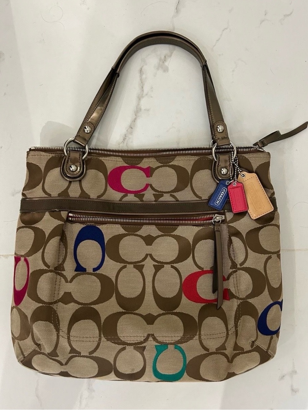 Coach Tan Signature Canvas Shoulder Bag with Multicolor 'C' Accents